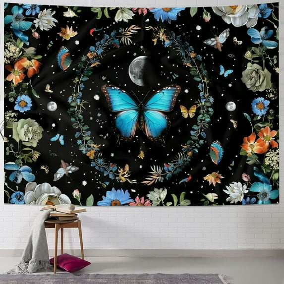 Nawypu Butterfly Tapestry Wall Hanging Teal Butterfly Colorful Flower and Leaves Plant Tapestry for Bedroom,Black and White Wall Tapestry for Living Room dorm Party Wall Decor