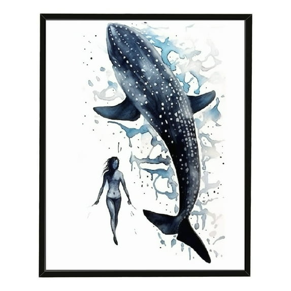 Nawypu CAFE SIGNS KITCHEN DECOR,home decor for men,new york wall art,Freediver with Whale Shark watercolor painting print,art,animal,illustration, Framed Modern Canvas Wall Art,room decor