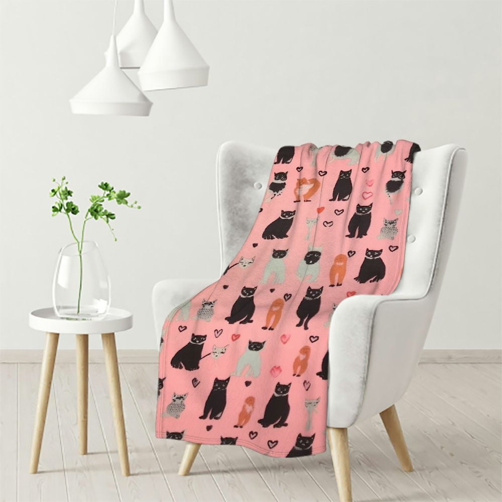 Nawypu COSMOZ dryd Cat White Heart Pattern Pink Background Soft Lightweight Coral 230GSM Blanket