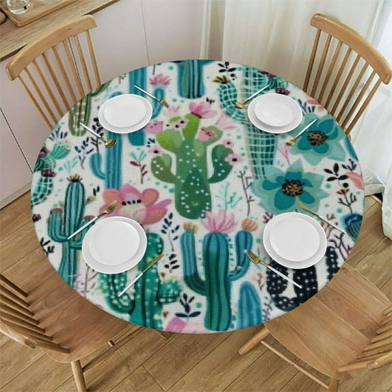 Nawypu Cactus pattern Round table cover,waterproof fabric decorative,durable Reusable table clothes,Wipeable Spill proof Wrinkle Resistant for kitchen dining dinner shower parties,Seafoam