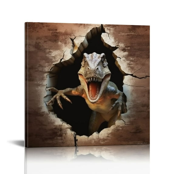 Nawypu Canvas Animal Painting Funny 3D Wall Art Prints Cartoon Broken Wall View Tiger Elephant Dinosaur Pictures Artwork for Kids Nuresry Bedroom 16x16in