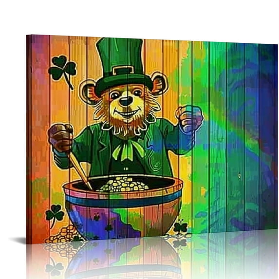 Nawypu Canvas Artwork Art, Happy St. Patrick's Day Leprechaun with Gold Pot Rainbow Wooden Square Framed Wall Decorations Prints Picture for Bedroom Kitchen Living Room,