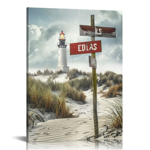 Nawypu Canvas Crossroads Street Sign Wall Art Red Lighthouse and Windy Dunes Grass Landscape Artwork Multi Name Poster Framed Gifts for Home Decor