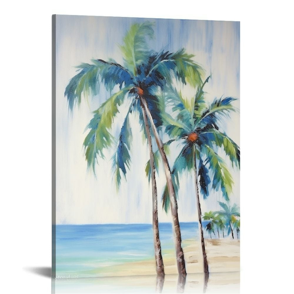 Nawypu  Canvas Nature Artwork for Home Green Blue Palm Trees Rustic Abstract Paintings for Bedroom Living Room Office Walls - 16x20 inch