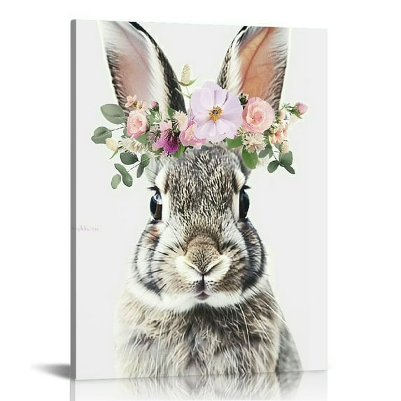 Awypu Canvas Nursery Wall Art Girl,Bunny Print Nursery,Rabbit,Bunny Portrait,Easter Bunny Wall Art,Bunny With Flower Crown,Bunny Art,Bunny With Flowers, Framed Wall Art