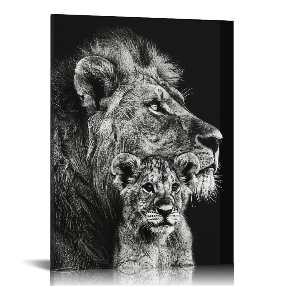Nawypu Canvas Painting Animal Black and White Lion with Cub Wall Art