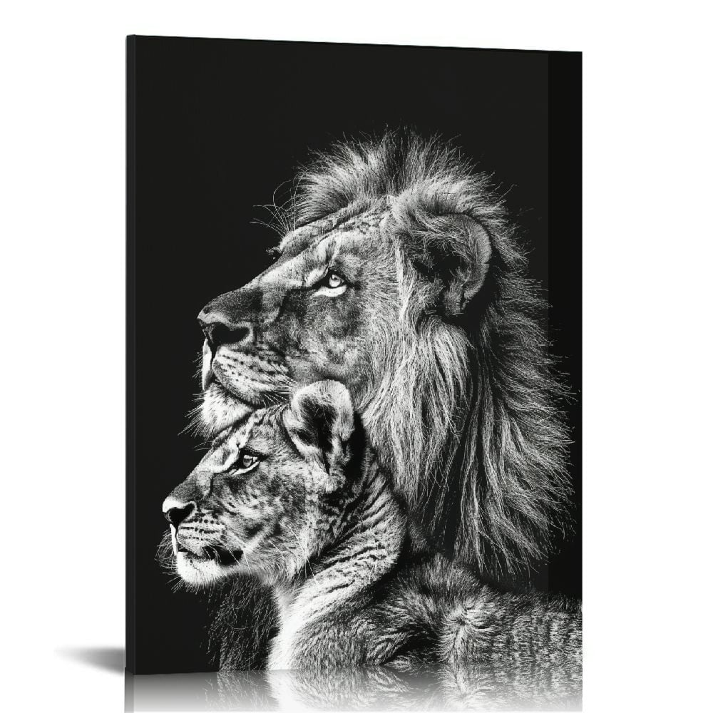 Nawypu Canvas Painting Animal Black and White Lion with Cub Wall Art ...