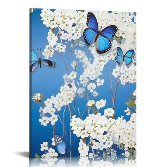 Nawypu  - Canvas Print Blue Butterfly Wall Art Flower Painting on Canvas Contemporary Artwork for Home Living Room Bedroom Wall Decor Ready to Hang