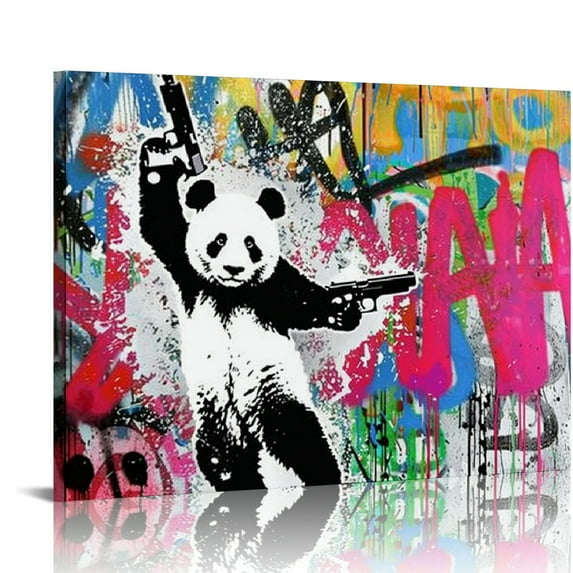 Nawypu Canvas Print Wall Art Panda with Guns Banksy Spray Paint Graffiti & Street Art Abstract Illustrations Modern Art Decorative Bohemian Multicolor for Living Room, Bedroom, Office