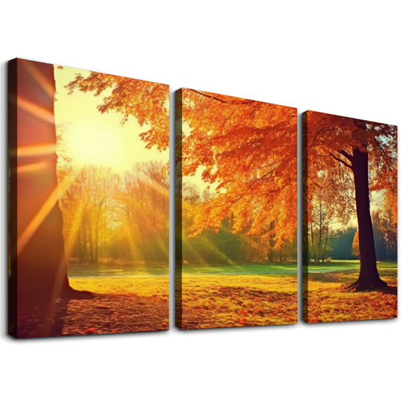 Nawypu Canvas Print Wall Art Path Through Red & Orange Autumn Park Nature Wilderness Photography Modern Art Rustic Scenic Colorful Multicolor for Living Room, Bedroom, 12''x16''X3 Panels