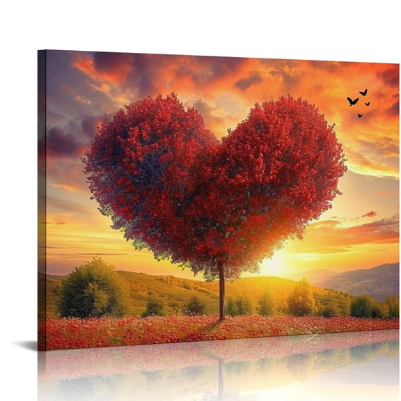 Nawypu Canvas Print Wall Art Red Heart Shaped Bush in Daisy Field Nature Wilderness Digital Art Modern Art Glam Scenic Relax Calm Multicolor Warm for Living Room, Bedroom, Office