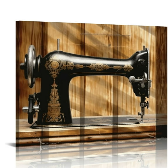 Nawypu  Canvas Print Wall Art Retro Black Floral Sewing Machine American Historic Photography Vintage Scenic Colorful Multicolor Cool Zen for Living Room, Bedroom, Office