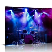 Nawypu  Canvas Print Wall Art Vibrant Blue Stage Lights Drum Set Music Instruments Photography Realism Decorative Concert Multicolor Scenic Fun Pop Art for Living Room, Bedroom, Office