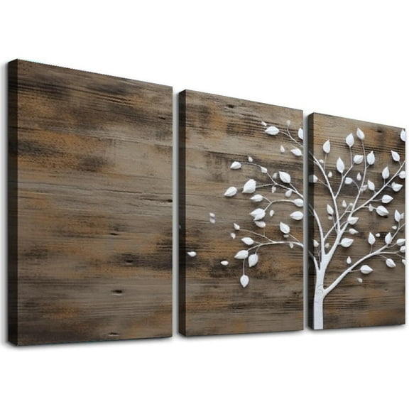 Nawypu Canvas Print Wall Art White Tree Silhouette with Blowing Leaves on Vintage Nature Wilderness Illustrations Modern Art Rustic Relax/Calm for Living Room, Bedroom 12''x16''X3 Panels