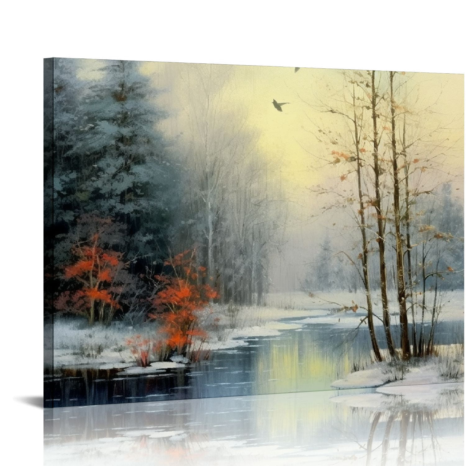 Nawypu Canvas Print Wall Art Winter Forest Landscape with Frozen Lake ...