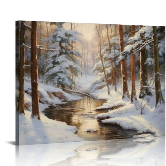 Nawypu  Canvas Print Wall Art Winter Snow River Forest Nature Wilderness Illustrations Fine Art Decorative Landscape Colorful for Living Room, Bedroom, Office