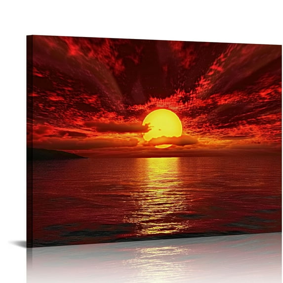 Nawypu Canvas Prints Red Sun Large Modern Seascape Sea Giclee Paintings Canvas Wall Art Red Ocean Wall Decor Sunset Pictures Artwork for Walls Living Room Decor Office Home Decoration