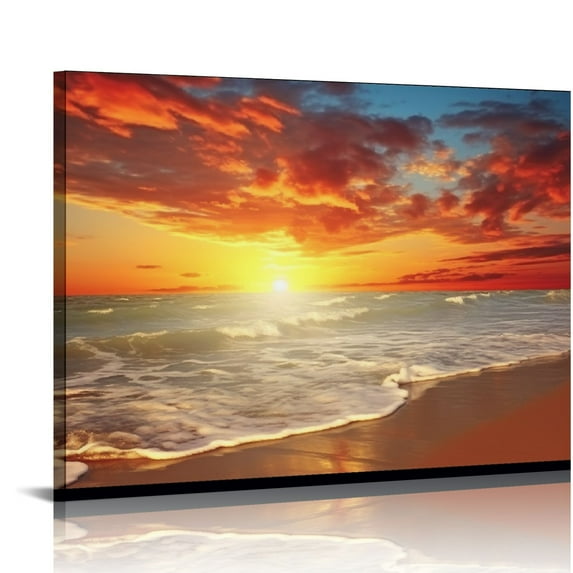 Nawypu Canvas Prints Wall Art Sunset Ocean Beach Pictures Photo Paintings for Living Room Bedroom Home Decorations Modern Stretched and Framed Seascape Waves Landscape Giclee Artwork