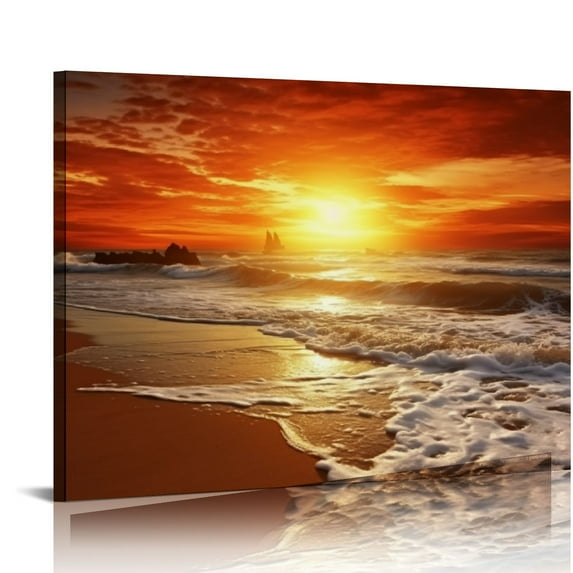 Nawypu Canvas Prints Wall Art Sunset Ocean Beach Pictures Photo Paintings for Living Room Bedroom Home Decorations Stretched and Framed Ready to Hang Seascape Waves Artwork 20x16in