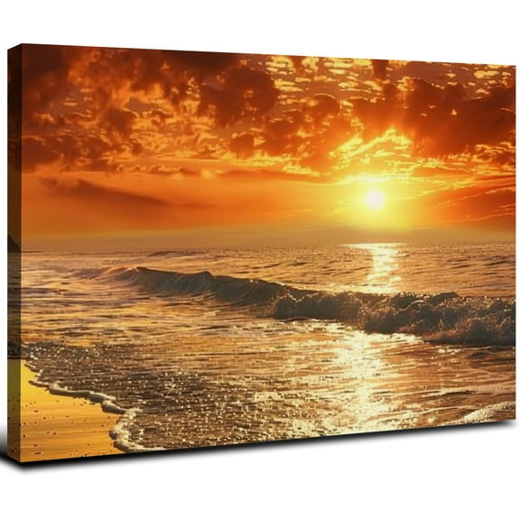 Nawypu Canvas Prints Wall Art Sunset Ocean Beach Pictures  for Living Room Bedroom Home Decorations Framed Ready to Hang Seascape Waves Artwork