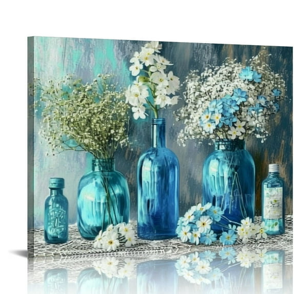 Nawypu Canvas Wall Art - Bathroom Wall Decor Blue Flower Paintings, Office Decor for Women Artwork Print Posters For Living Room Bedroom Kitchen Framed Wall Art Ready To Hang