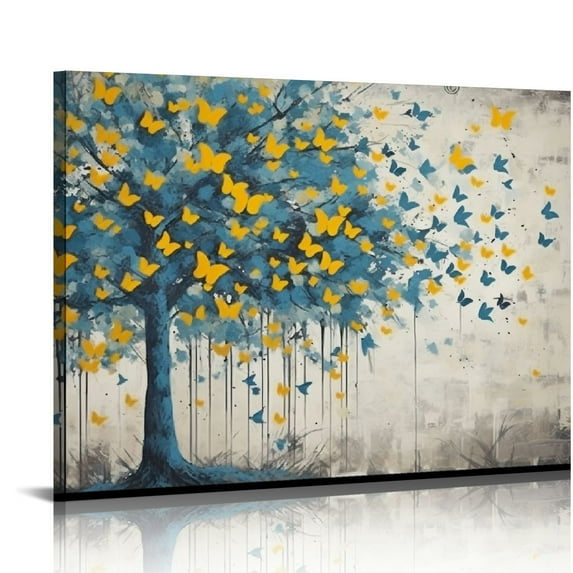 Nawypu Canvas Wall Art Blue Tree Golden Butterflies Picture Abstract Grey Graffiti Canvas Prints Ready to Hang for Living Room Bedroom