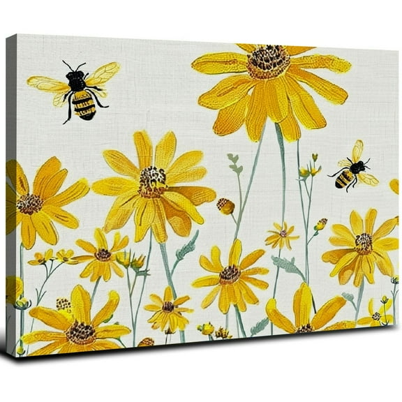 Nawypu Canvas Wall Art - Canvas Prints Wall Decor for Bathroom - Yellow Floral Honey Bee Summer Flowers Burlap Canvas Picture for Room Aesthetic, Framed Artworks for Home Bedroom Living Room