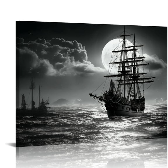 Nawypu  Canvas Wall Art Decor Black and White Ocean, Ship and The Moon Painting for Living Room