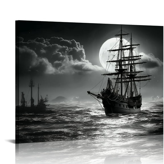Nawypu  Canvas Wall Art Decor Black and White Ocean, Ship and The Moon Painting for Living Room