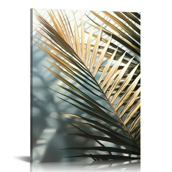Nawypu Canvas Wall Art Green Golden Palm Leaves Pictures Simple Tropical Plant Paintings Contemporary Artwork Home Decor for Living Room Wooden Framed Gallery-Wrapped Ready to Hang