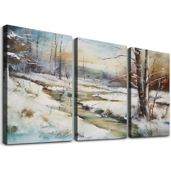 Nawypu Canvas Wall Art Minimalism Landscape Painting White Winter, Painting Artwork Framed 12''x16''X3 Panels