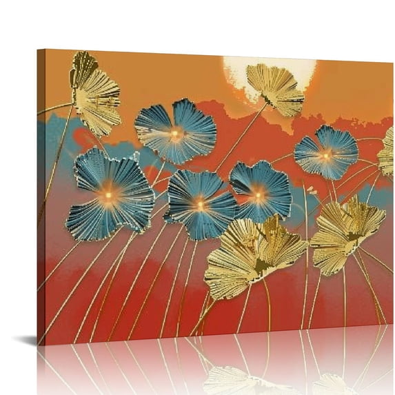 Nawypu Canvas Wall Art Modern Abstract Paintings Gold and blue leaves, Red Sun & Orange and Gray Background ,Popular Style Prints and Artwork for Living Room & Bedroom Decoration-