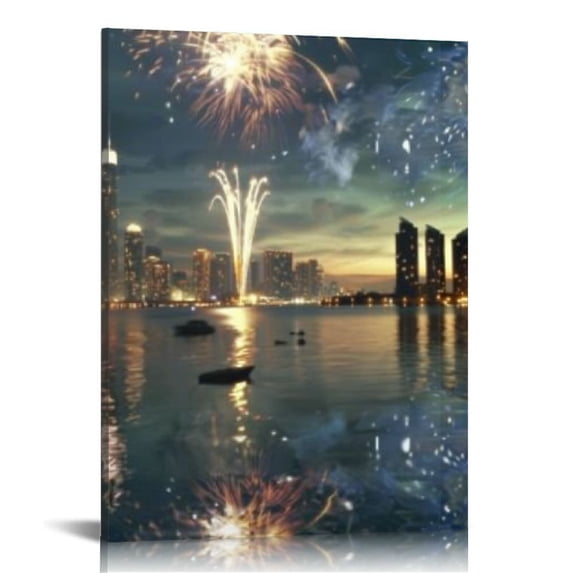 Awypu Canvas Wall Art Painting New Year's day fireworks and celebrations Prints on Canvas Giclee Modern Artwork Stretched and Framed Posters Home Decor Ready to Hang