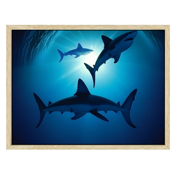 Nawypu Canvas Wall Art Peaceful Floating Swimming Sharks Under The Blue Ocean Sea Picture Modern Artwork Printed on Canvas - Oil Painting for Wall Decor - Stretched and Framed Ready to Hang