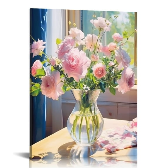 Nawypu  Canvas Wall Art,Pink Rose Vase Print Canvas Painting for Bedroom Living Room Kitchen Bathroom Corridor Dining Room Hotel Decor