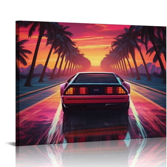 TIAOTIAOHOU Canvas Wall Art Posters Decor Wall Painting Art Prints Decorations for Bedroom Living Room Office Aesthetic Retro Car Driving At At Sunset Palm Trees Vaporwav