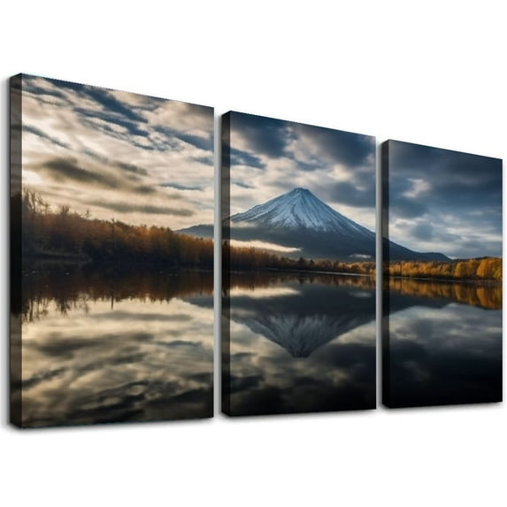 Nawypu Canvas Wall Art Print Reflection Fujisan active volcano mountain Japan Stretched & Framed Wall Painting Artwork Poster Wall Decor for Living Room Ready to Hang 12''x16''X3 Panels