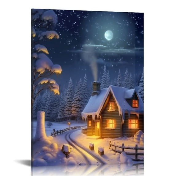Nawypu Canvas Wall Art - Canvas Prints Wall Decor for Bathroom - Happy New Year Meteor Dreamlike House Christmas Scene Canvas Picture Poster Framed Artworks for Home Bedroom Living Room, 8"x8"