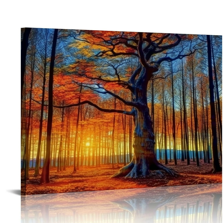 Nawypu Canvas Wall Art Red Trees Forest Sunset Panoramic
