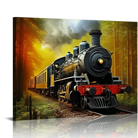 Nawypu  Canvas Wall Art Steam Engine Train in Sunset Forest Wall Art Painting The Picture Print On Canvas Car Pictures for Home Decor Decoration Gift