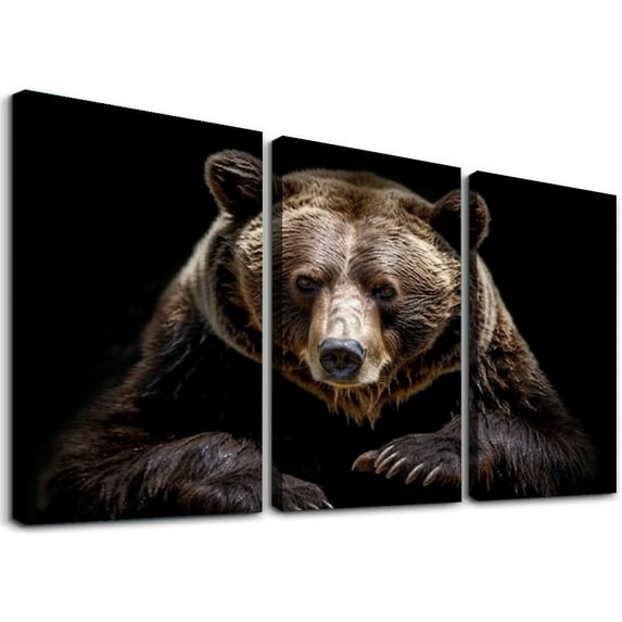 Nawypu Canvas Wall Art for Living Room Bear Black Pictures Posters Printing Modern Bedroom Animal Prints Decor With Framed 12''x16''X3 Panels