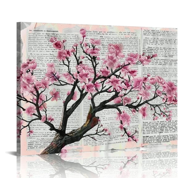 Nawypu - Canvas Wll Art - Cherry Blossom Paintings on Vintage Newspaper Background - Giclee Print and Stretched Ready to Hang