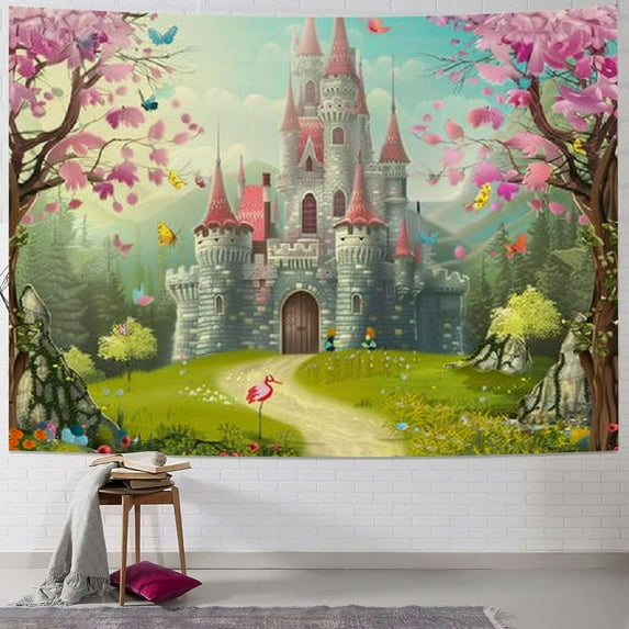 Nawypu Cartoon Tapestry, Fairy Tale Castle Scenery in Floral Garden Princess Kids Girls Fantasy Picture, Fabric Wall Hanging Decor for Bedroom Living Room Dorm, Pink Blue