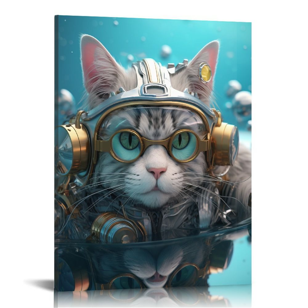Nawypu Cat's Underwater Adventure Framed Canvas Wall Art Diving Kitty ...