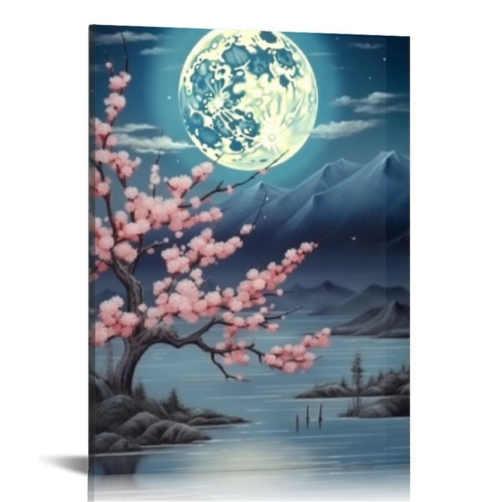 Nawypu Cherry Blossom Moon Lake Landscape Canvas Wall Art Japanese ...