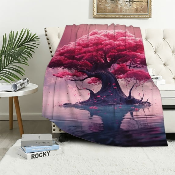 Nawypu Cherry Blossom Tree by The Lake Flannel Blanket, Countryside Style, All-Season Use, Adds Color to Home Decor, Enhances Living Quality