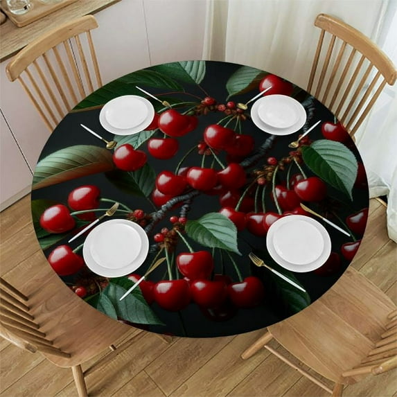 Nawypu Cherry Fruit Leaf Round Fitted Tablecloth with Elastic Edge Fitted Table Cloth for Round Table Circular Table Cover Waterproof Wipeable Round Elastic Table Cloth