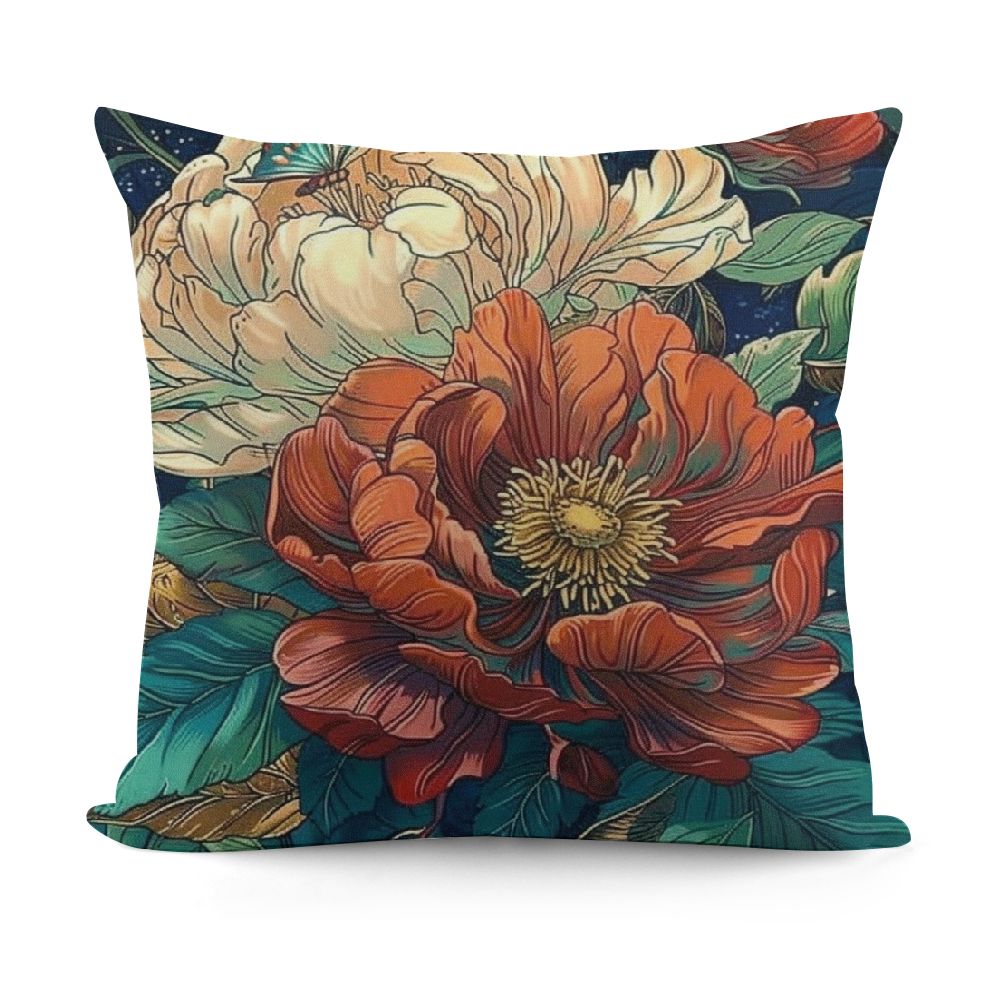 Nawypu Chinoiserie Coral Peony Floral Sofa Pillow Cover Peony Flower Teal Green and Red Pillow