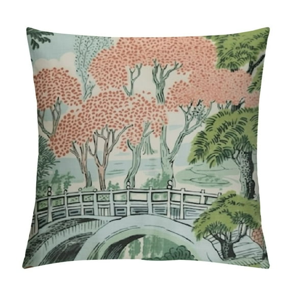 Nawypu Chinoiserie Pillow Cover Asian Scenic Blue and Pink Throw Pillow Covers Farmhouse Tree Leaves Pillow Case Cushion Covers for Sofa Couch Living Room