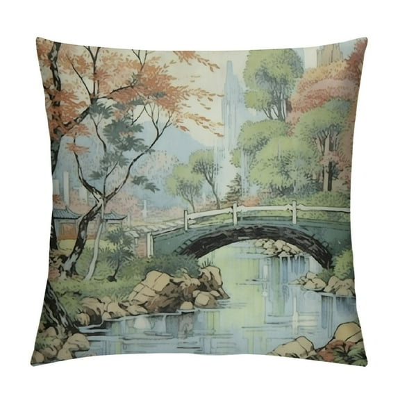 Nawypu Chinoiserie Pillow Cover Asian Scenic Robin's Egg Decorative Throw Pillow Case Cushion Cover for Bedroom Sofa Living Room Couch Chair Office